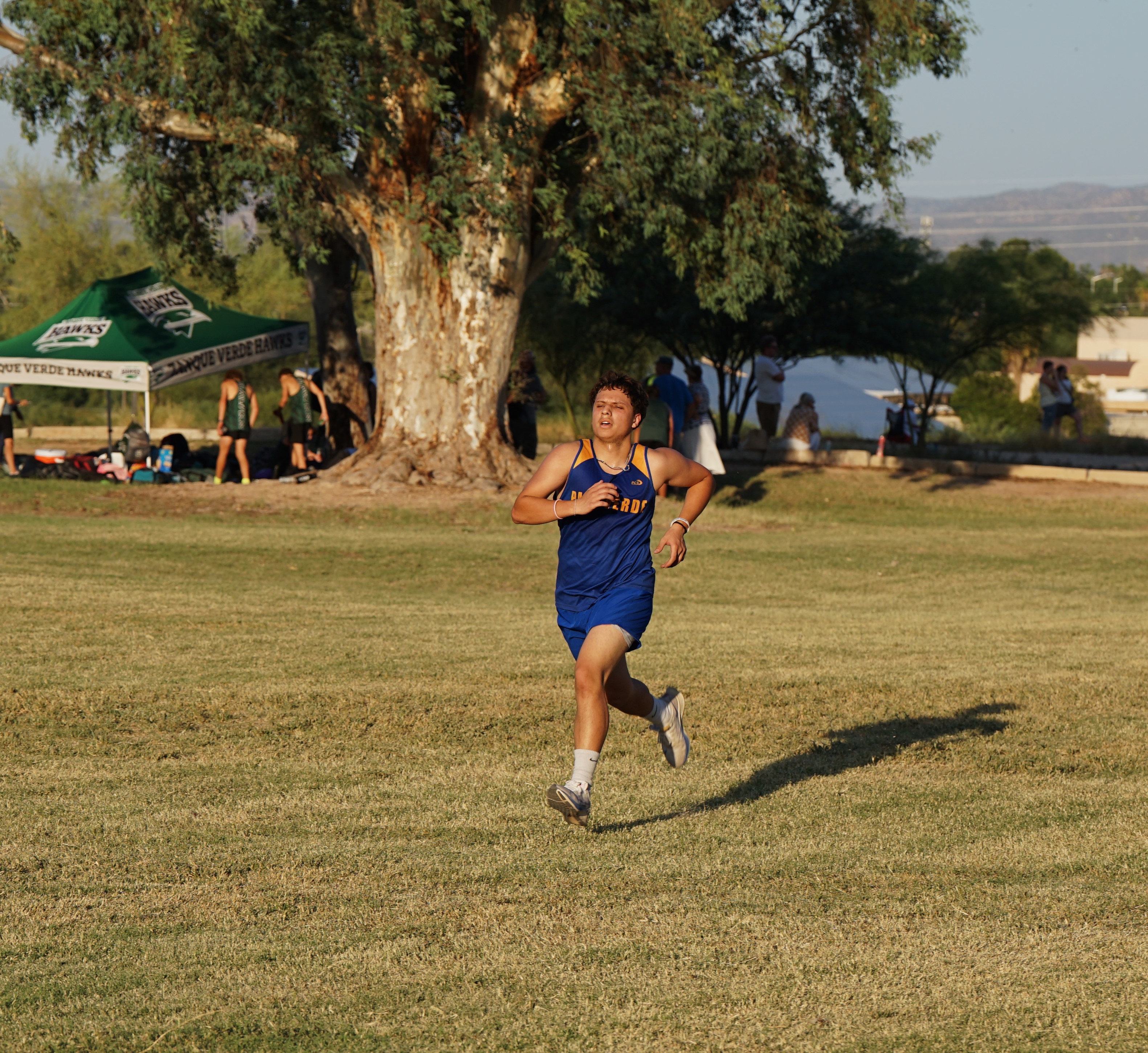 A Palo Verde cross country athlete runs across the grassy field